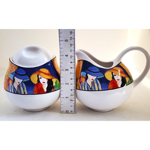 Creamer and Sugar Bowl with Lid Set-Sango-"Cafe Paris"-White-Multicolor Design - Picture 8 of 10